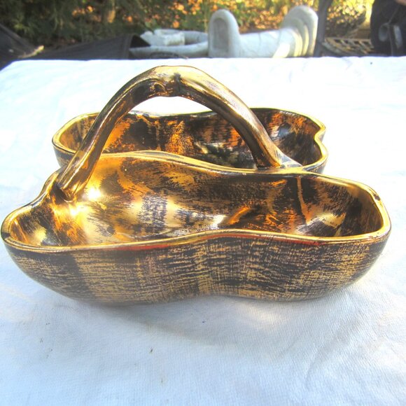 VTG STANGL POTTERY BLACK & GOLD DIVIDED CERAMIC DBL PEAR DISH - Picture 3 of 6